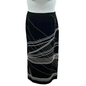 Nygard Collection Womens 100% Silk Pencil Skirt Black White Abstract Lines 10